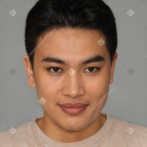 Joyful latino young-adult male with short  brown hair and brown eyes