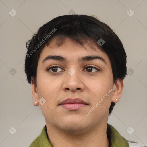 Neutral asian young-adult female with short  black hair and brown eyes