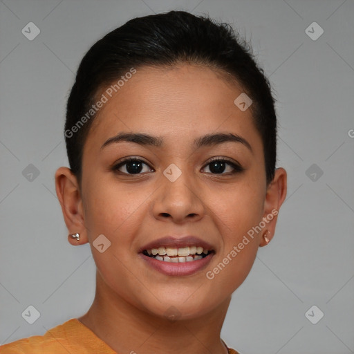 Joyful latino young-adult female with short  brown hair and brown eyes