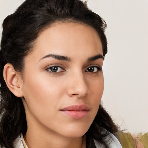 Neutral white young-adult female with long  brown hair and brown eyes