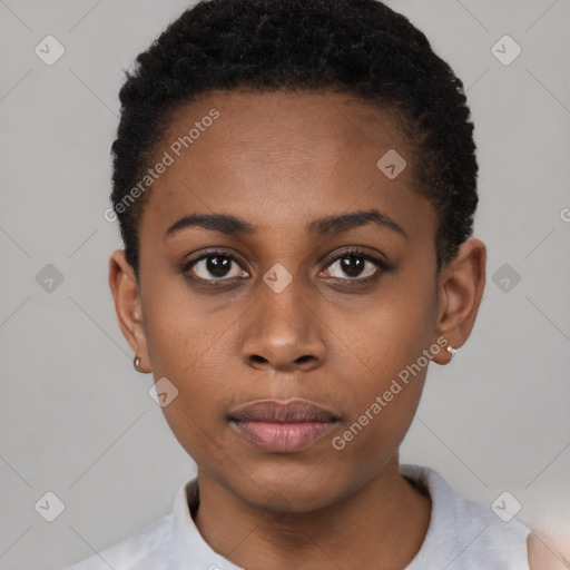 Neutral black young-adult female with short  black hair and brown eyes