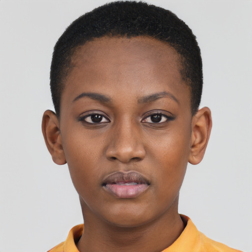 Neutral black young-adult female with short  black hair and brown eyes
