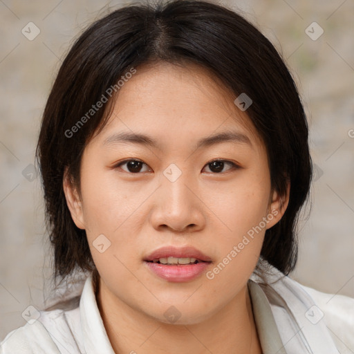 Neutral asian young-adult female with medium  brown hair and brown eyes