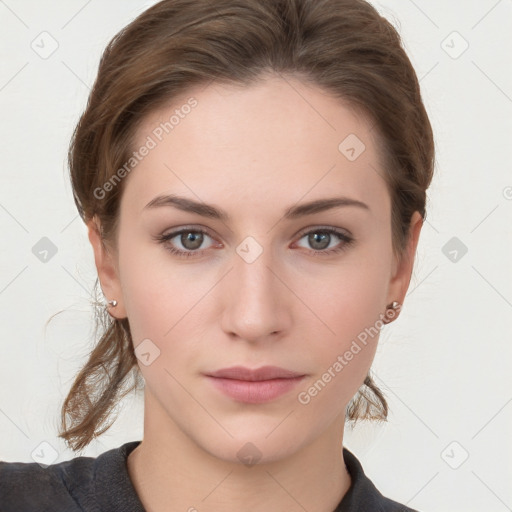 Neutral white young-adult female with medium  brown hair and grey eyes