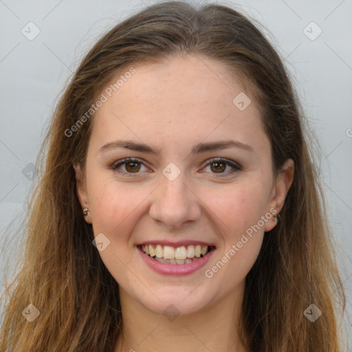 Joyful white young-adult female with long  brown hair and grey eyes