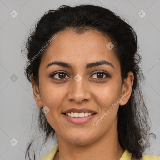 Joyful latino young-adult female with medium  brown hair and brown eyes