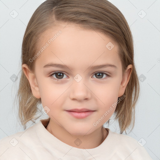 Joyful white child female with medium  brown hair and brown eyes