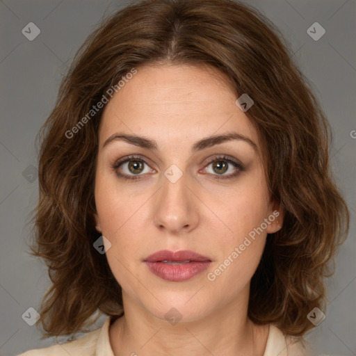 Neutral white young-adult female with medium  brown hair and brown eyes