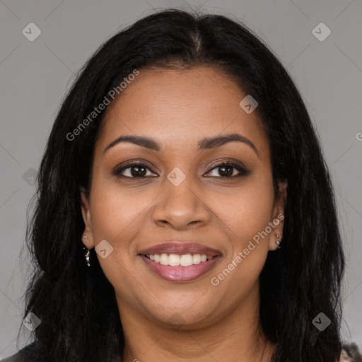 Joyful latino young-adult female with long  brown hair and brown eyes