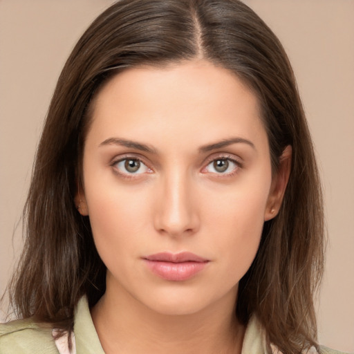 Neutral white young-adult female with medium  brown hair and brown eyes