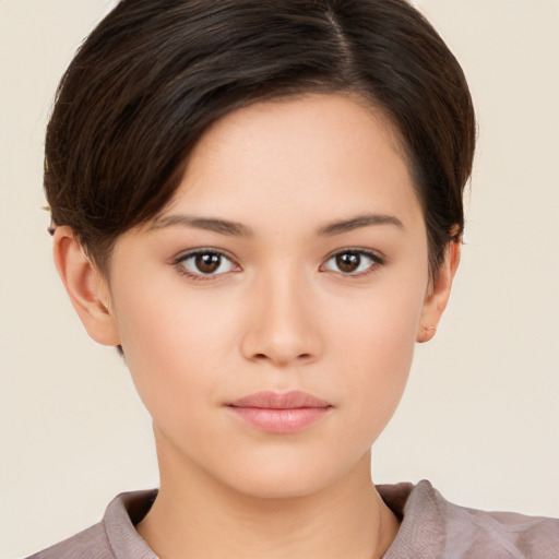 Neutral white young-adult female with short  brown hair and brown eyes