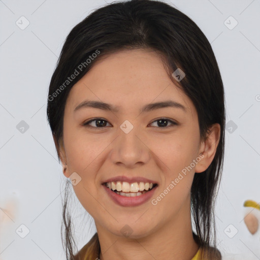 Joyful white young-adult female with medium  brown hair and brown eyes