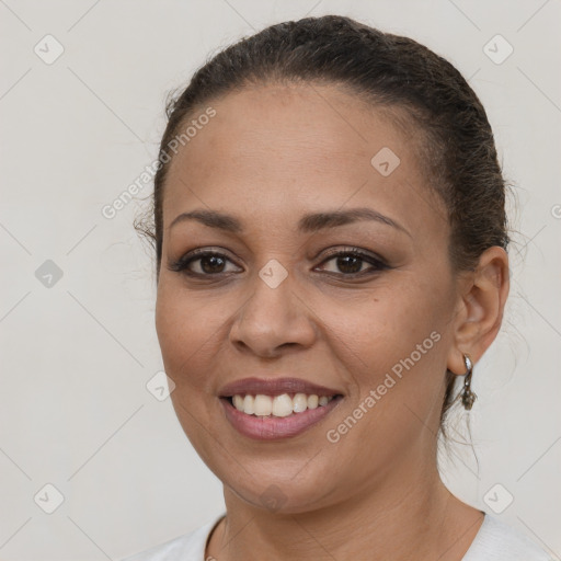 Joyful white young-adult female with medium  brown hair and brown eyes