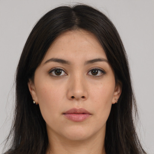 Neutral asian young-adult female with long  brown hair and brown eyes