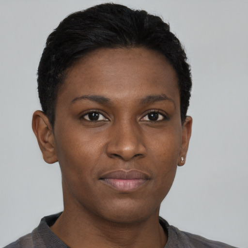 Neutral black young-adult female with short  black hair and brown eyes