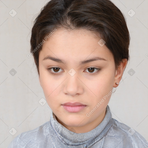 Neutral white young-adult female with short  brown hair and brown eyes