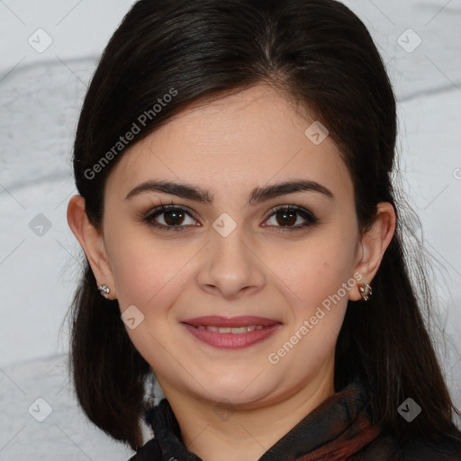 Joyful white young-adult female with medium  brown hair and brown eyes