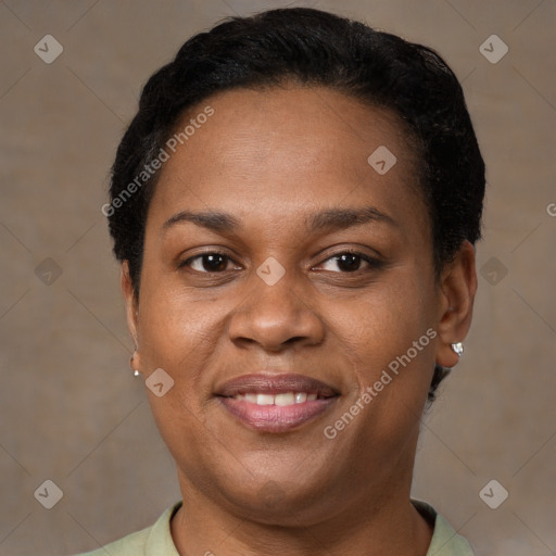 Joyful latino adult female with short  brown hair and brown eyes