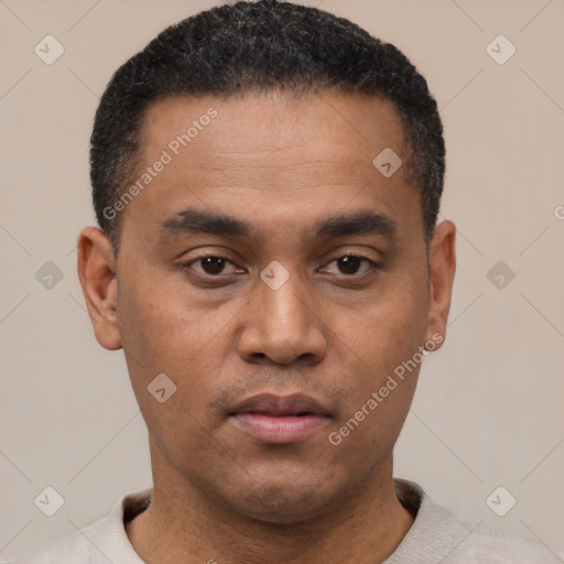 Neutral latino young-adult male with short  black hair and brown eyes