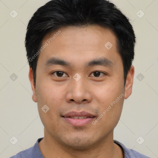 Neutral asian young-adult male with short  black hair and brown eyes