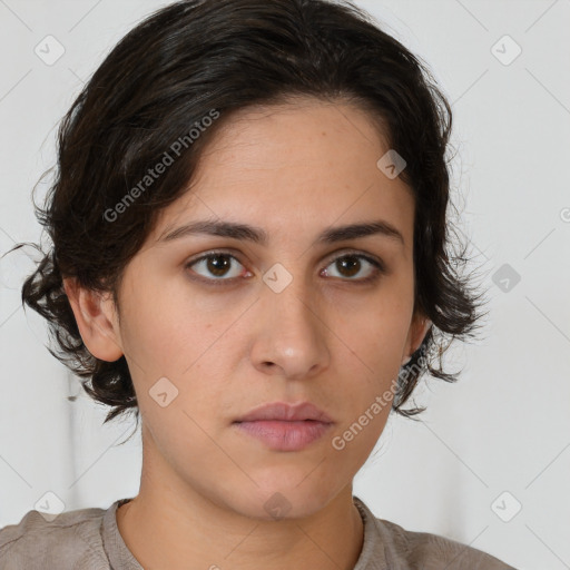 Neutral white young-adult female with medium  brown hair and brown eyes