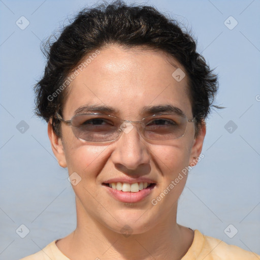 Joyful white adult female with short  brown hair and brown eyes