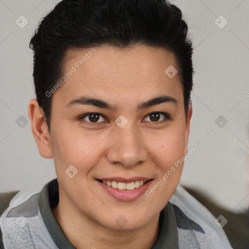 Joyful latino young-adult male with short  brown hair and brown eyes