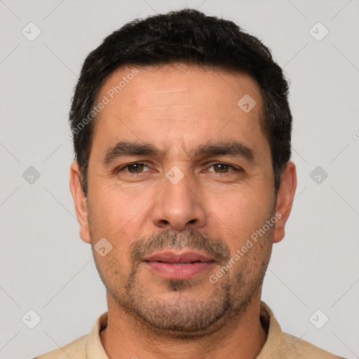 Neutral white adult male with short  black hair and brown eyes