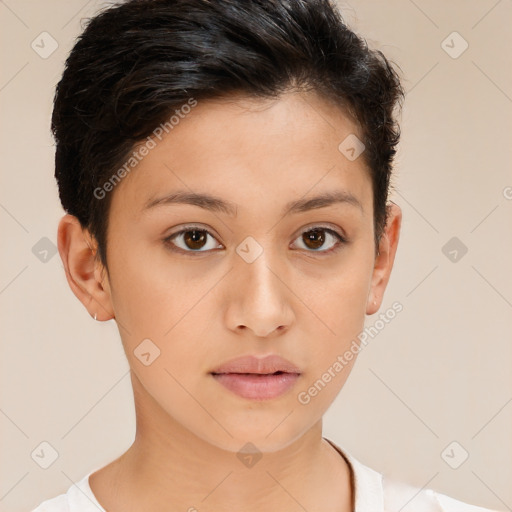 Neutral white young-adult female with short  brown hair and brown eyes