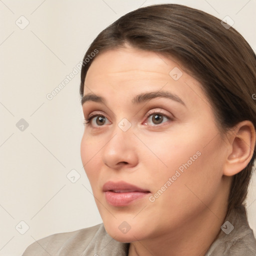 Neutral white young-adult female with medium  brown hair and brown eyes