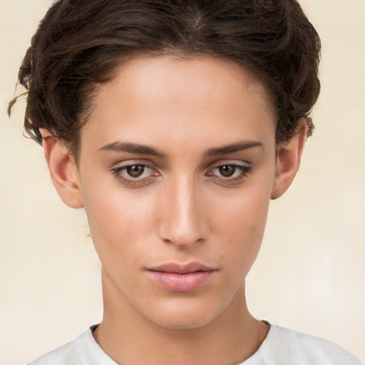 Neutral white young-adult female with short  brown hair and brown eyes