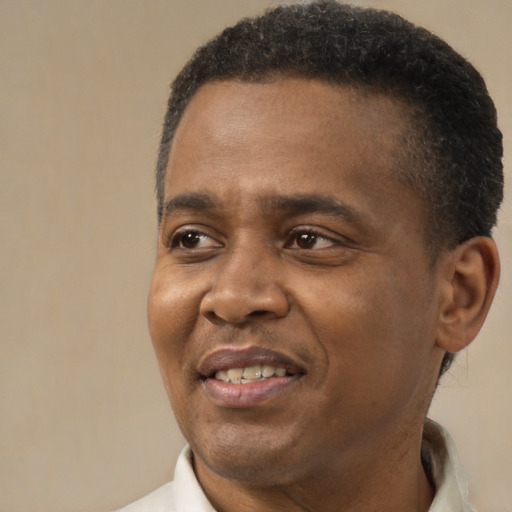 Joyful black adult male with short  brown hair and brown eyes