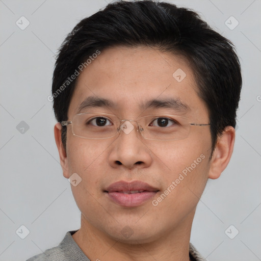 Neutral asian young-adult male with short  brown hair and brown eyes