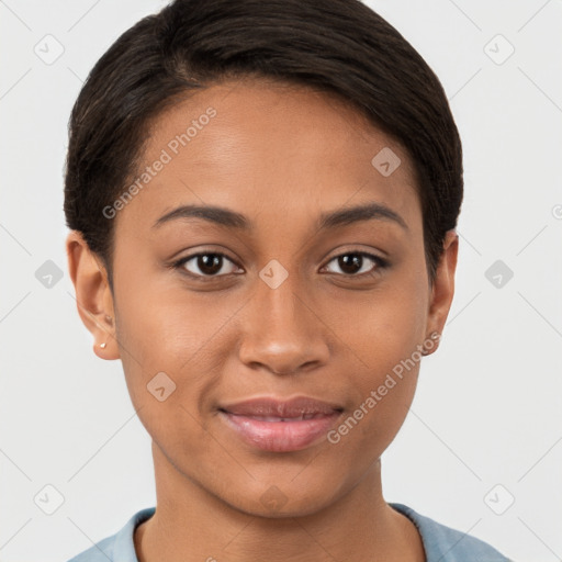 Joyful latino young-adult female with short  brown hair and brown eyes