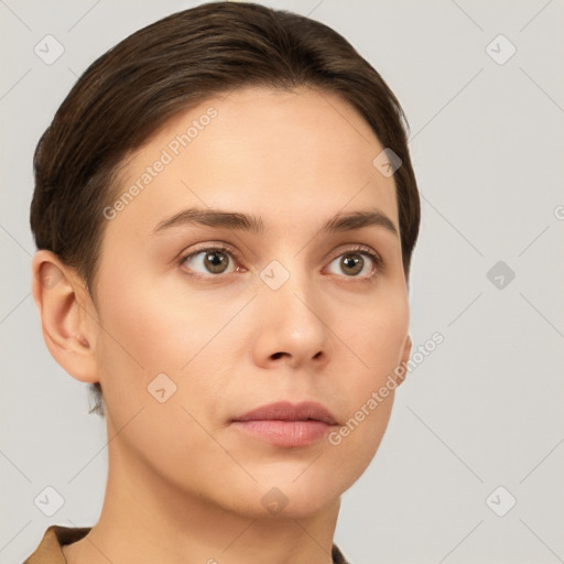 Neutral white young-adult female with short  brown hair and brown eyes