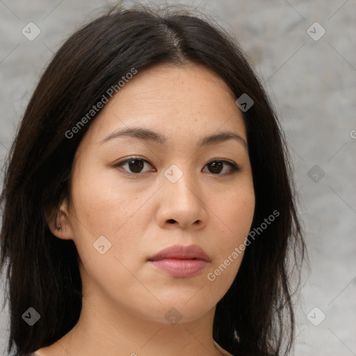 Neutral asian young-adult female with medium  brown hair and brown eyes