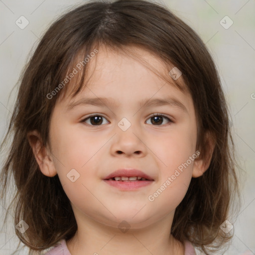 Joyful white child female with medium  brown hair and brown eyes