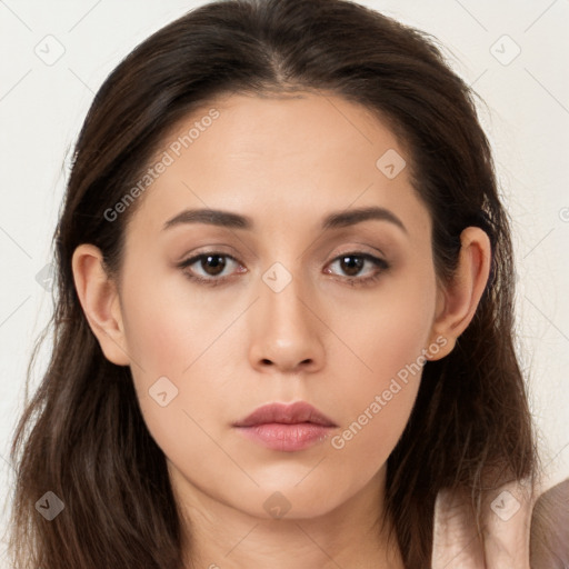 Neutral white young-adult female with long  brown hair and brown eyes