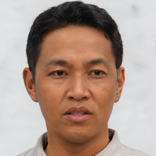 Joyful asian adult male with short  brown hair and brown eyes