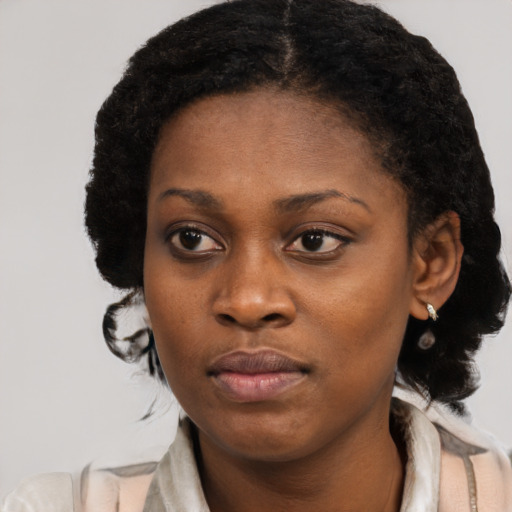 Neutral black young-adult female with medium  black hair and brown eyes