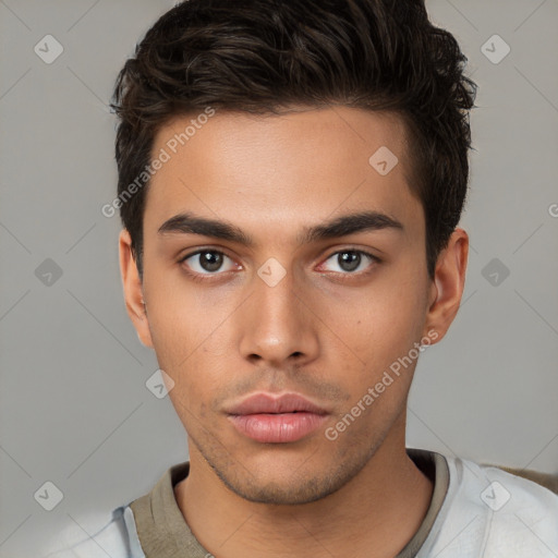 Neutral white young-adult male with short  brown hair and brown eyes