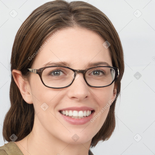 Joyful white young-adult female with medium  brown hair and green eyes