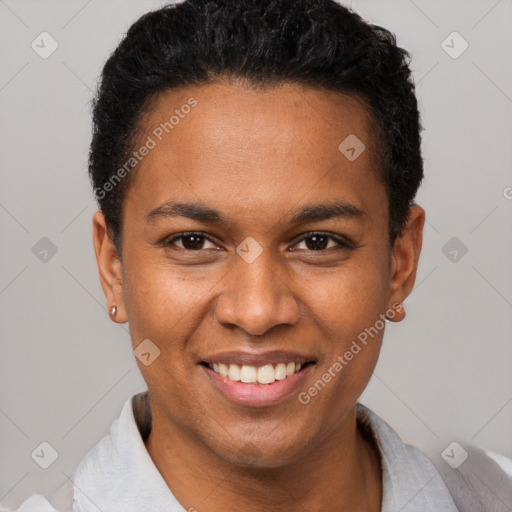 Joyful black young-adult female with short  brown hair and brown eyes