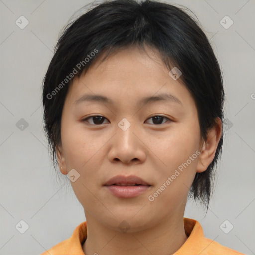 Neutral asian young-adult female with medium  brown hair and brown eyes