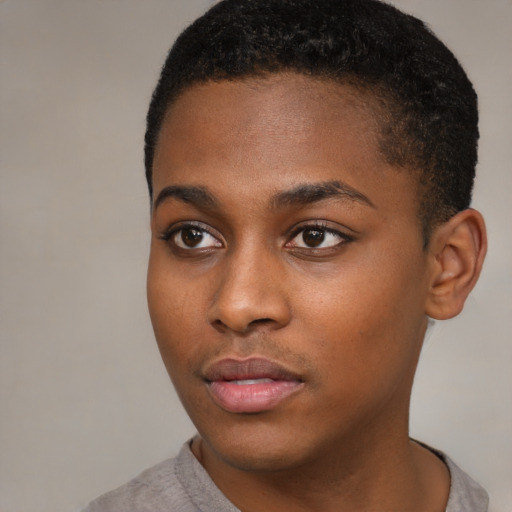 Neutral black young-adult female with short  black hair and brown eyes