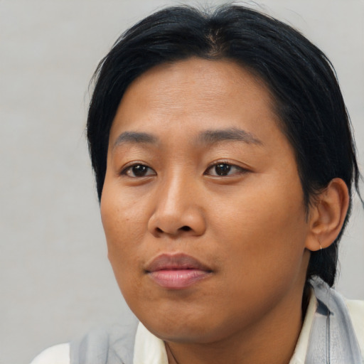 Neutral asian young-adult female with short  black hair and brown eyes