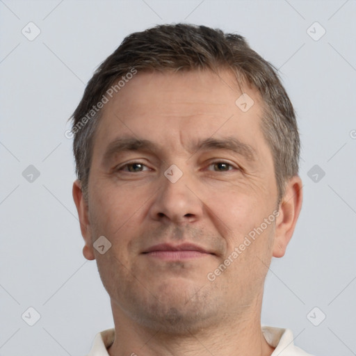 Neutral white adult male with short  brown hair and brown eyes