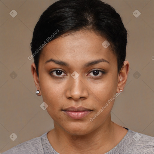 Joyful asian young-adult female with short  black hair and brown eyes