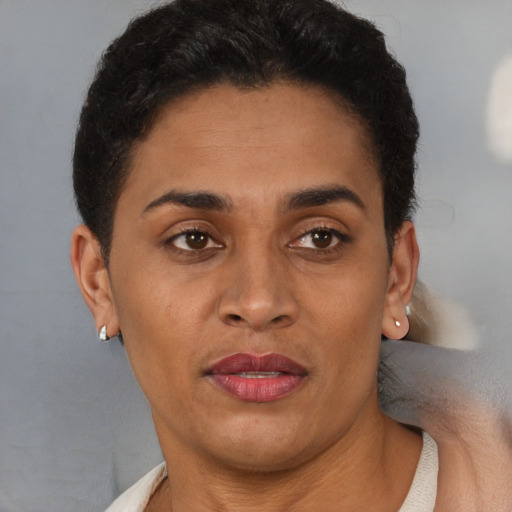 Joyful black adult female with short  brown hair and brown eyes