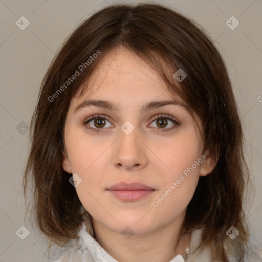 Neutral white young-adult female with medium  brown hair and brown eyes